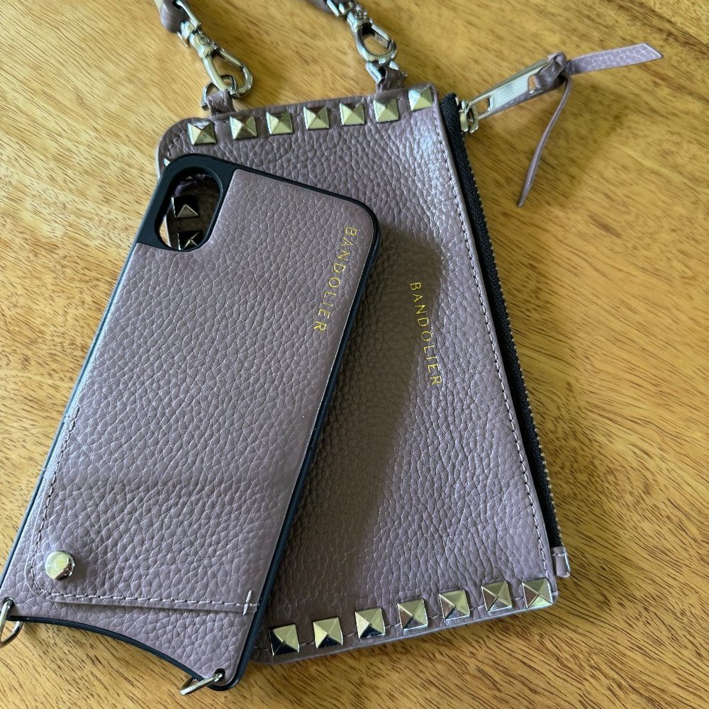 Bandolier leather Iris crossbody phone case for iPhone 10/X w/ studded pouch